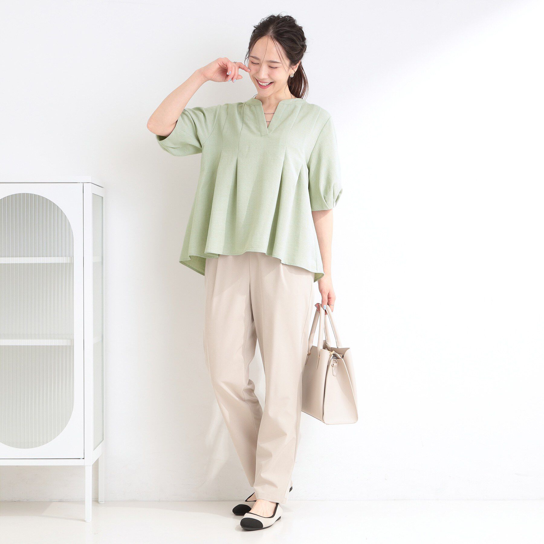 SHOO･LA･RUE「【洗濯後しわになりにくい/S-LL/インせず着られる】柄も選べる　1枚で決まる麻調5分袖ペプラムブラ」|シャツ・ブラウス|