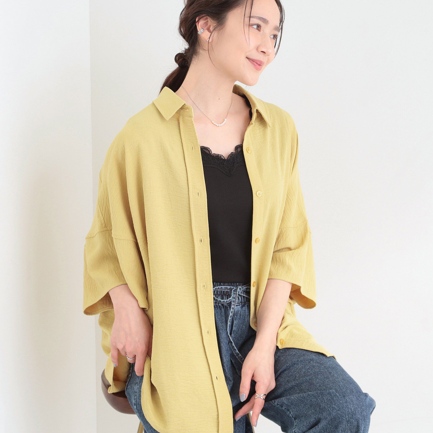 SHOO･LA･RUE「【洗濯後シワになりにくい/体型カバー】ポンチョ風ゆったりシャツ」|シャツ・ブラウス|イエロー(031)