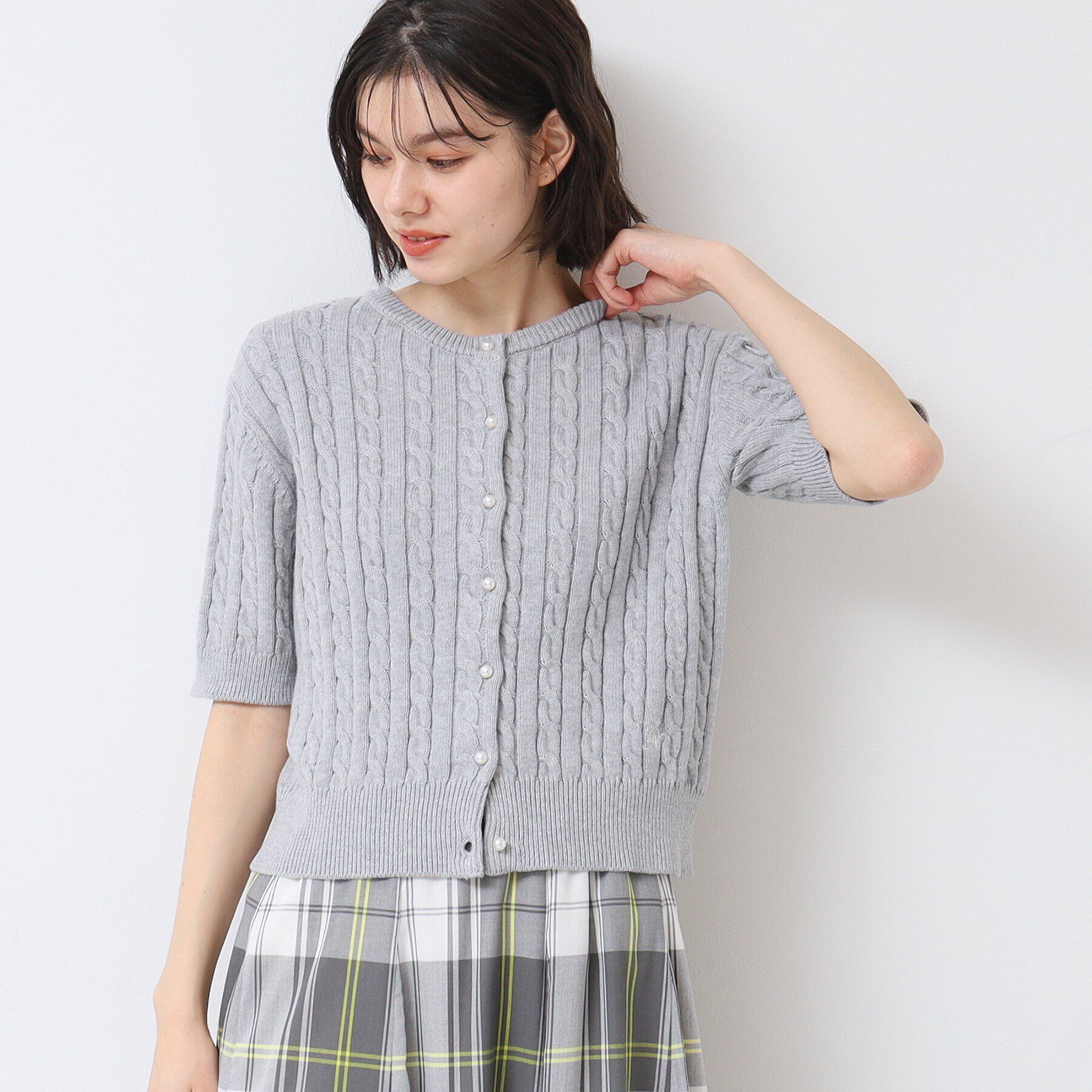 Dessin「【洗える】半袖ケーブルニットコットンカーディガン」|カーディガン|