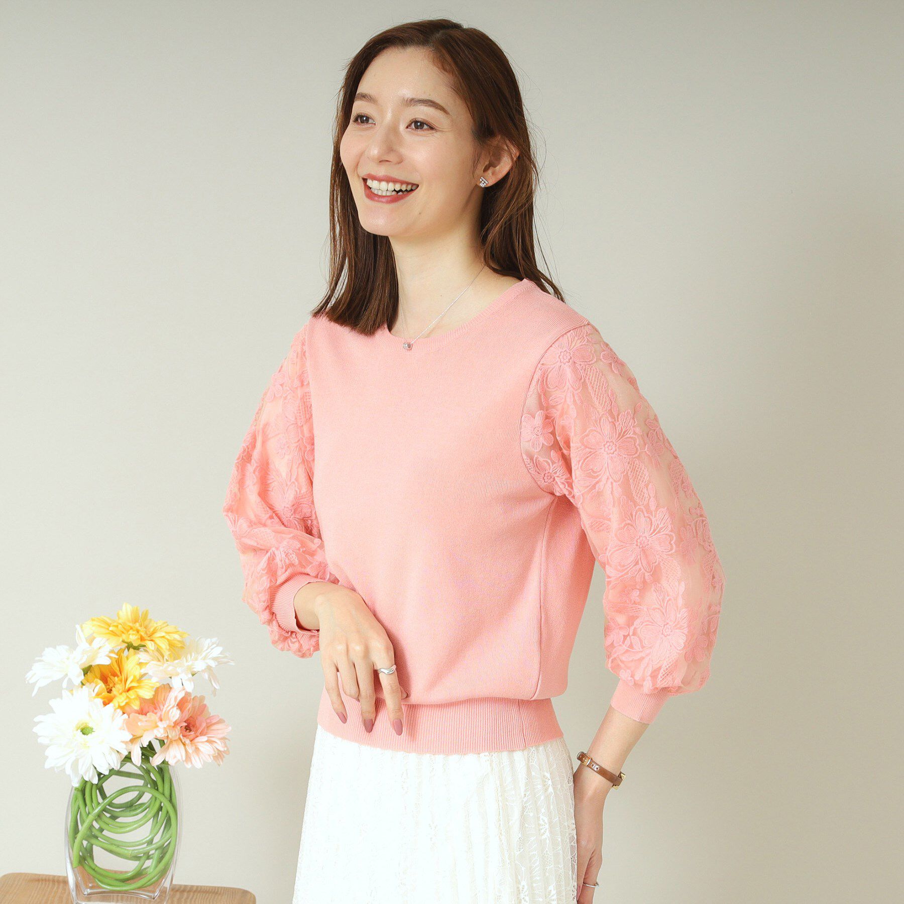 ITS&rsquo;DEMO「【通勤／手洗い可】袖レースニット」|ニット・セーター|ピンク(071)