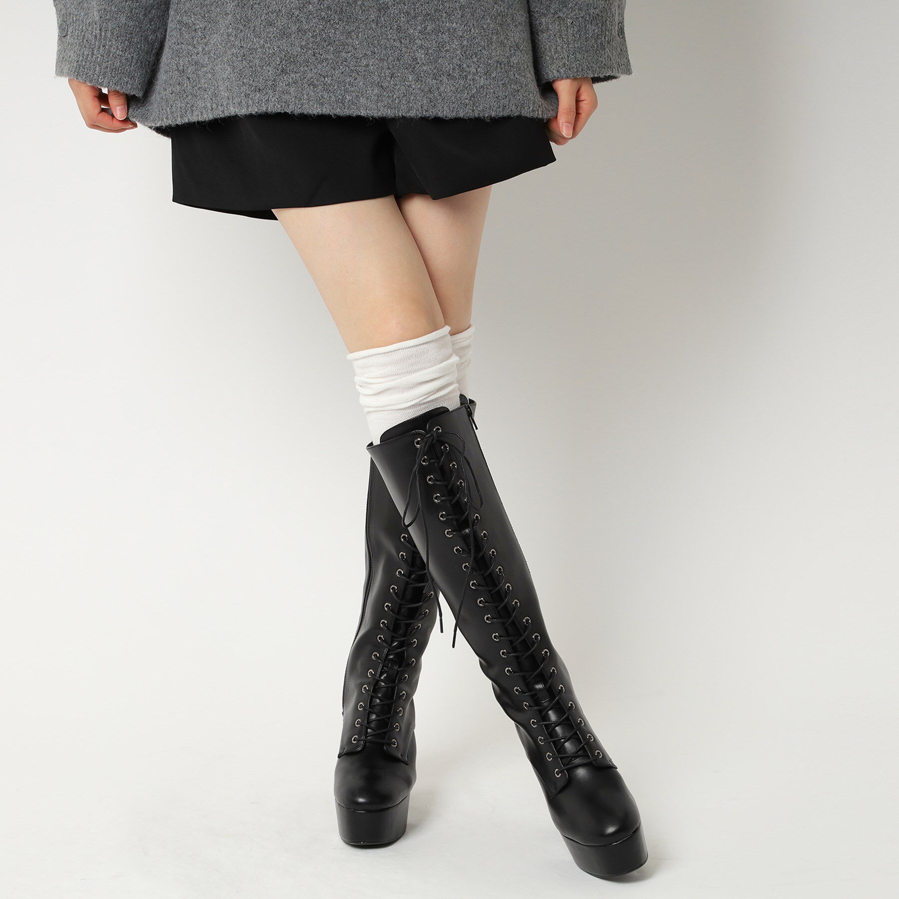 ESPERANZA「【ラク盛り／ロングブーツ】リピーター続出／脚長美脚　レースアップロングブーツ」|ショートブーツ|