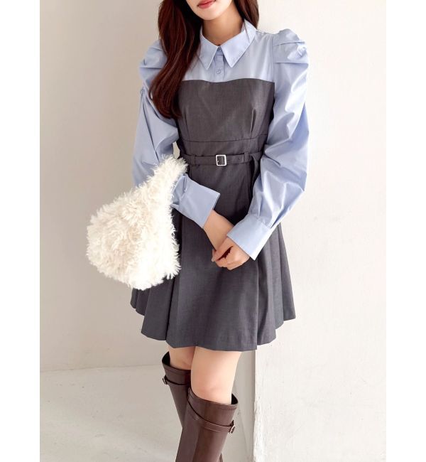 dazzlin「【追加生産分】長袖レイヤードシャツミニワンピース」|ワンピース|チャコールグレー