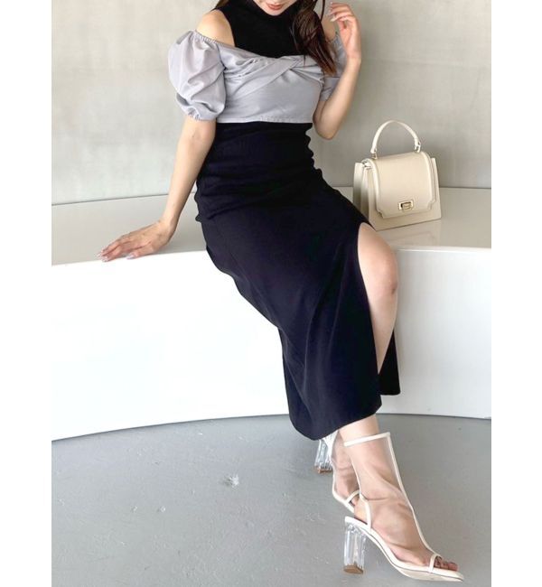 MERCURYDUO「異素材ドッキングナローニットワンピース」|ワンピース|ネイビー