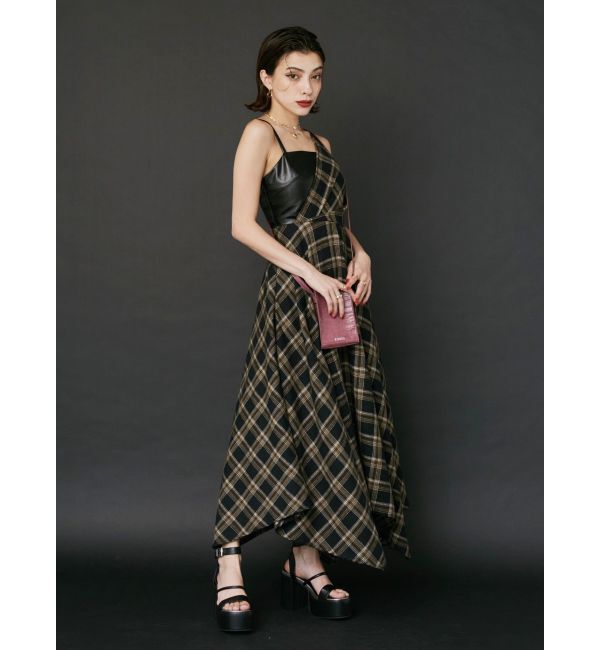 EVRIS「フェイクレザードッキングチェックロングワンピース」|ワンピース|