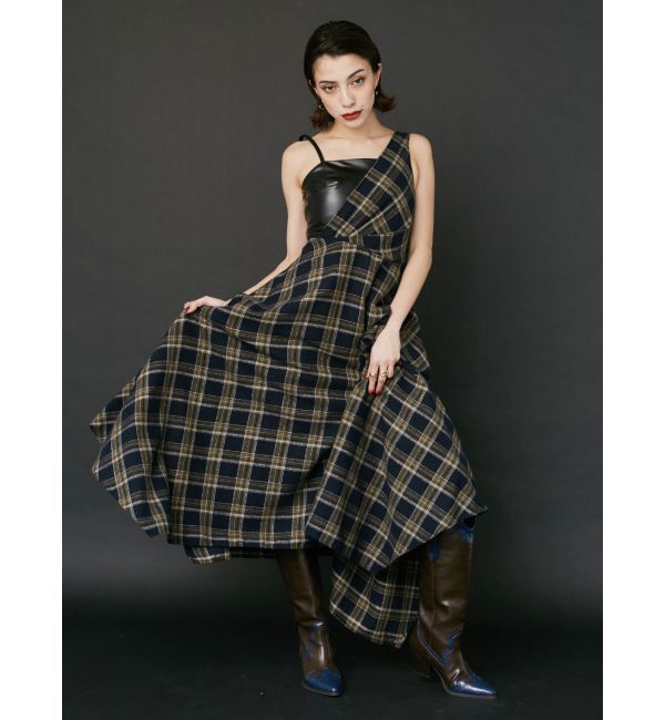 EVRIS「フェイクレザードッキングチェックロングワンピース」|ワンピース|