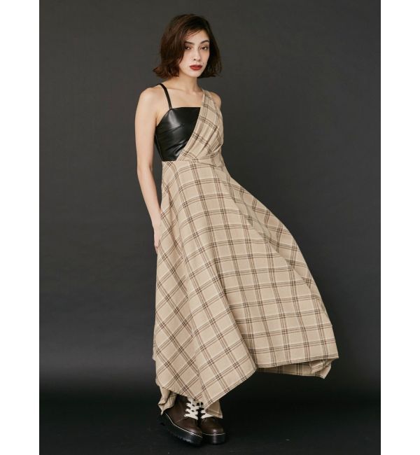 EVRIS「フェイクレザードッキングチェックロングワンピース」|ワンピース|