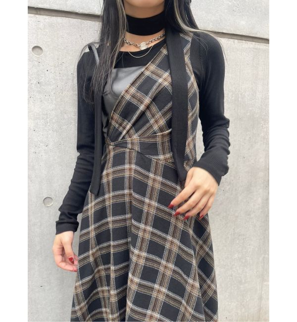 EVRIS「フェイクレザードッキングチェックロングワンピース」|ワンピース|