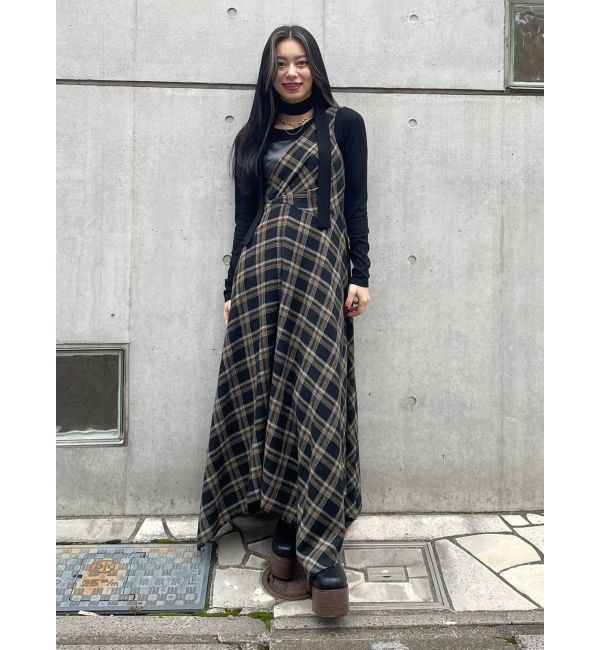 EVRIS「フェイクレザードッキングチェックロングワンピース」|ワンピース|
