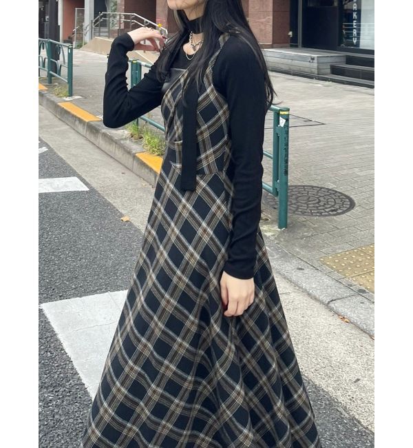 EVRIS「フェイクレザードッキングチェックロングワンピース」|ワンピース|
