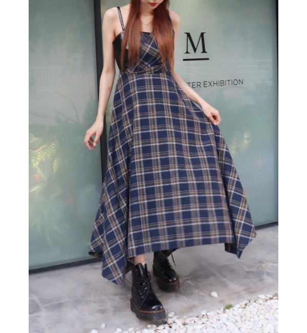 EVRIS「フェイクレザードッキングチェックロングワンピース」|ワンピース|