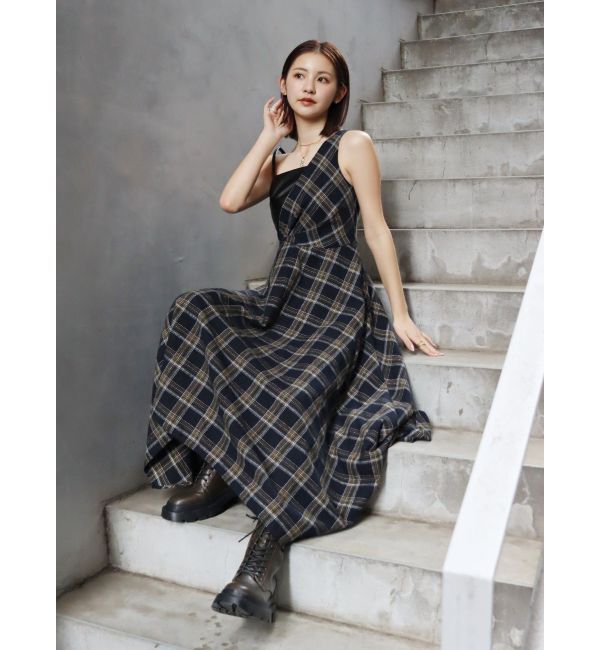 EVRIS「フェイクレザードッキングチェックロングワンピース」|ワンピース|