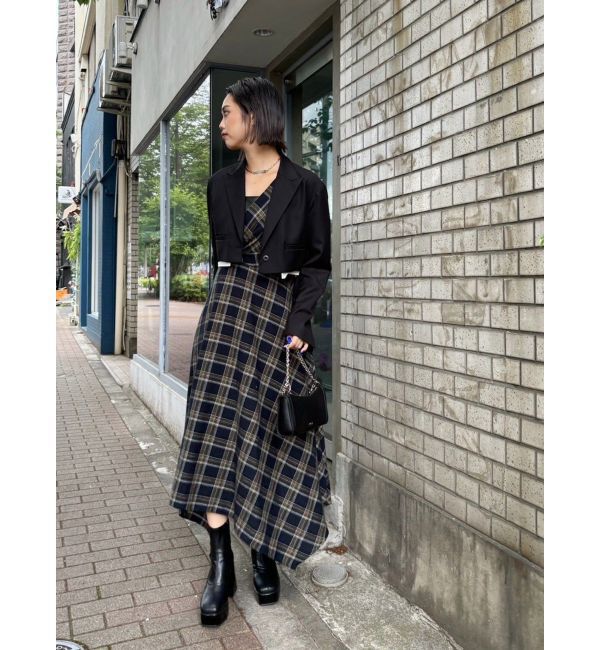 EVRIS「フェイクレザードッキングチェックロングワンピース」|ワンピース|