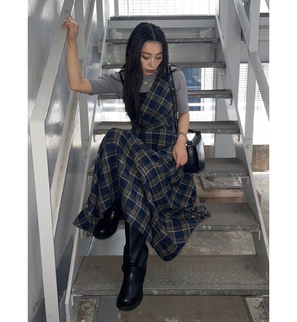 EVRIS「フェイクレザードッキングチェックロングワンピース」|ワンピース|