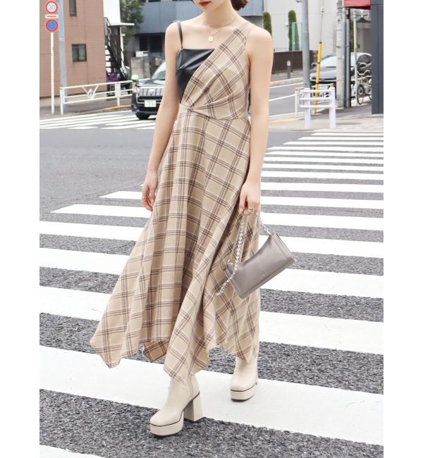 EVRIS「フェイクレザードッキングチェックロングワンピース」|ワンピース|