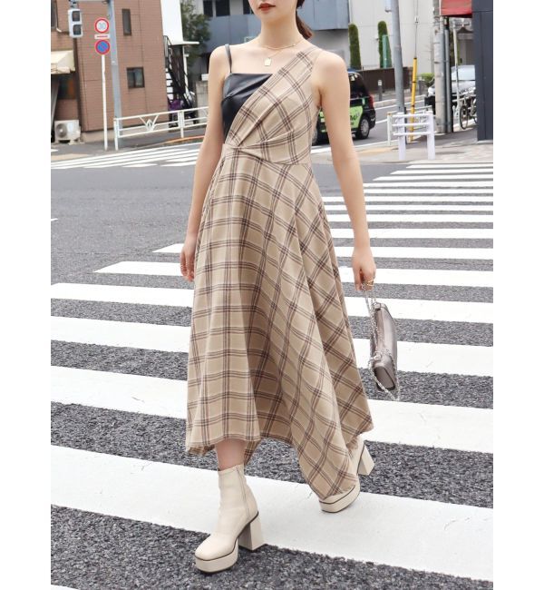 EVRIS「フェイクレザードッキングチェックロングワンピース」|ワンピース|