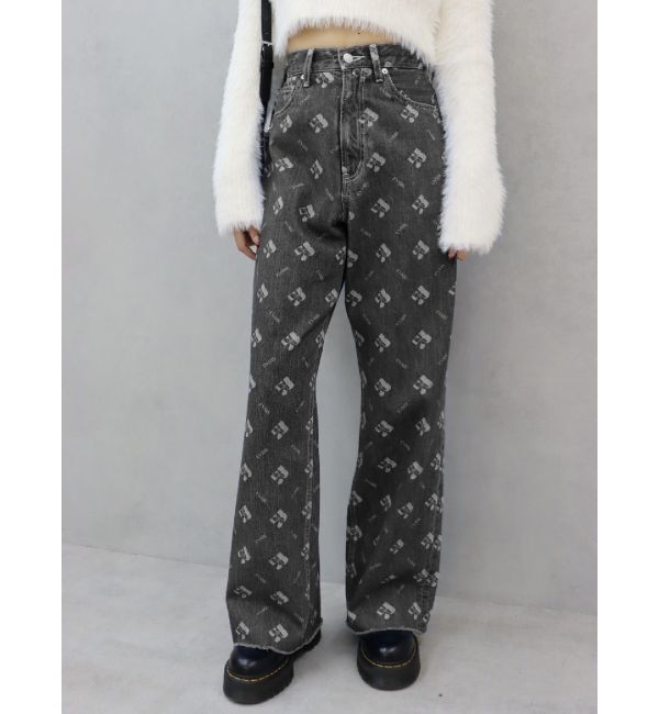 EVRIS「モノグラムシンプルワイドデニムパンツ」|デニム|ブラック