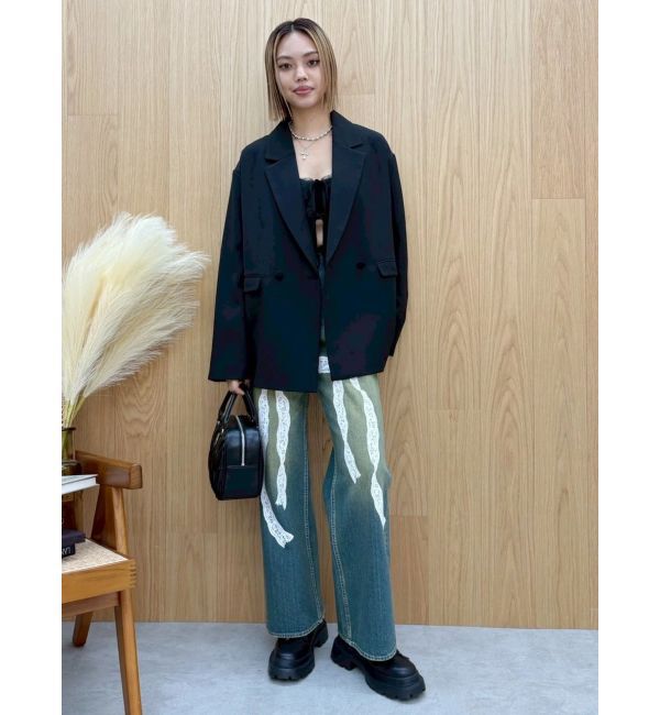EVRIS「リボンレースワイドデニムパンツ」|デニム|