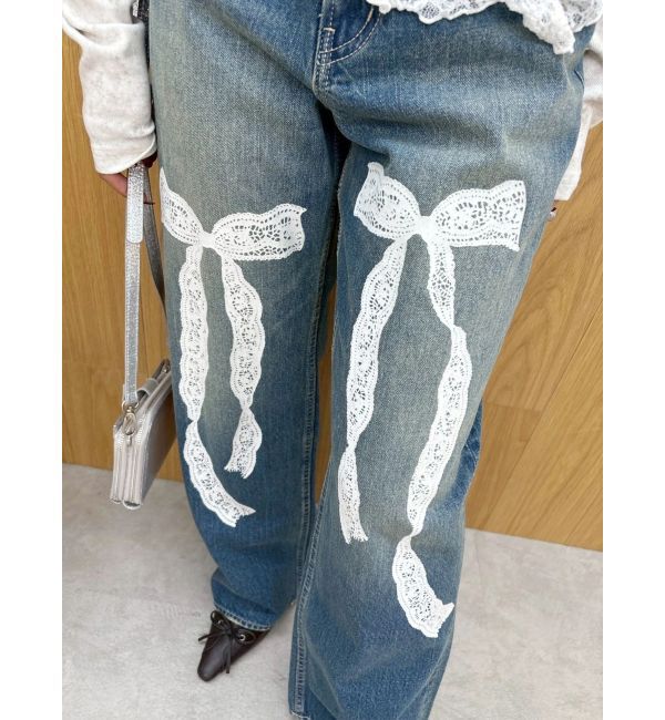 EVRIS「リボンレースワイドデニムパンツ」|デニム|