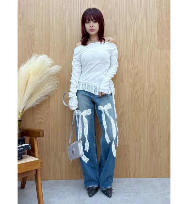 EVRIS「リボンレースワイドデニムパンツ」|デニム|