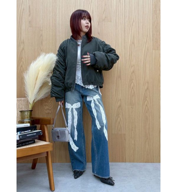 EVRIS「リボンレースワイドデニムパンツ」|デニム|