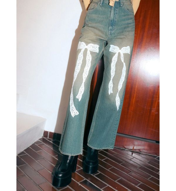 EVRIS「リボンレースワイドデニムパンツ」|デニム|
