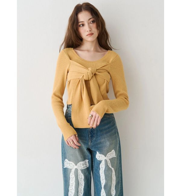 EVRIS「リボンレースワイドデニムパンツ」|デニム|