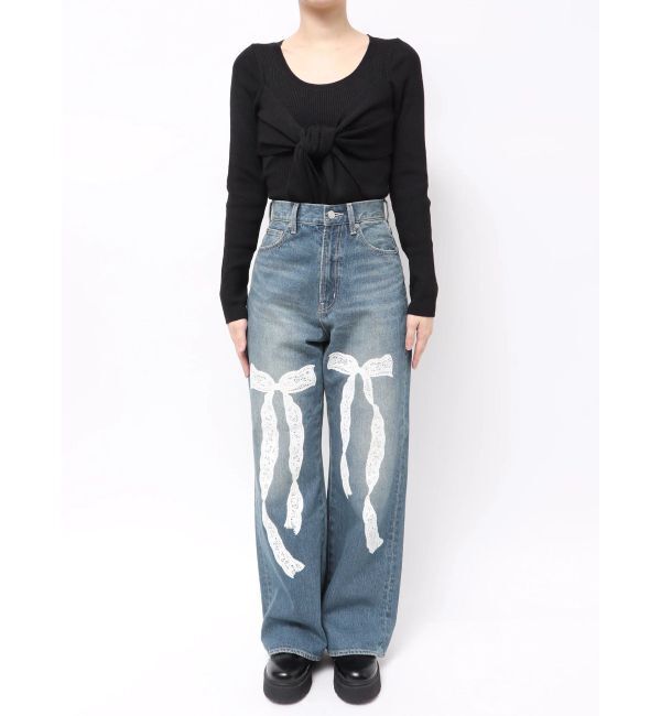EVRIS「リボンレースワイドデニムパンツ」|デニム|