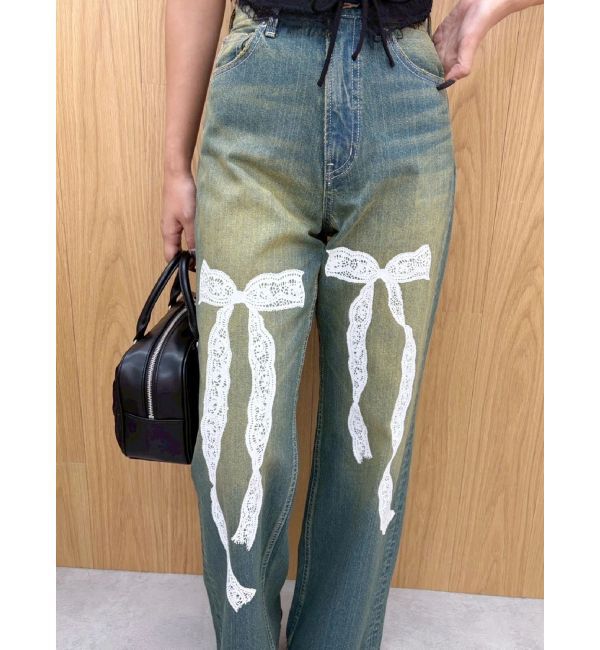 EVRIS「リボンレースワイドデニムパンツ」|デニム|