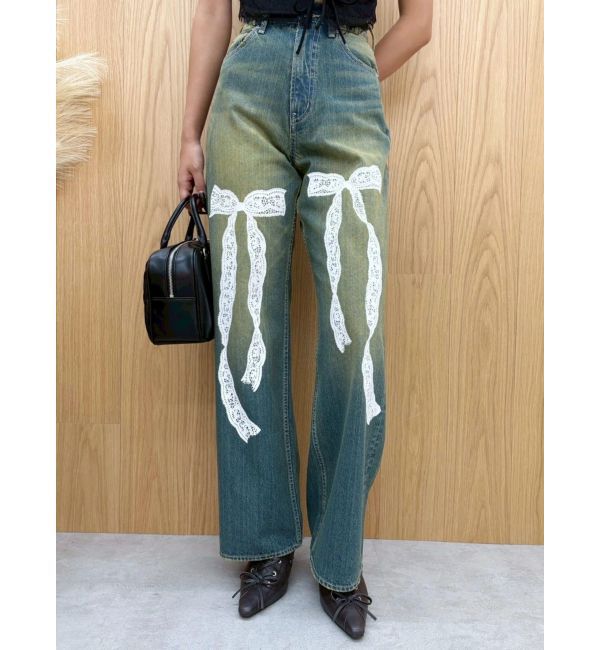 EVRIS「リボンレースワイドデニムパンツ」|デニム|