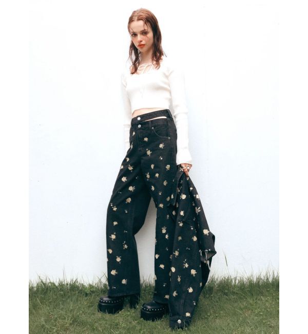 EVRIS「Embroideryカットアウトワイドデニムパンツ【セットアップ着用可能】」|デニム|