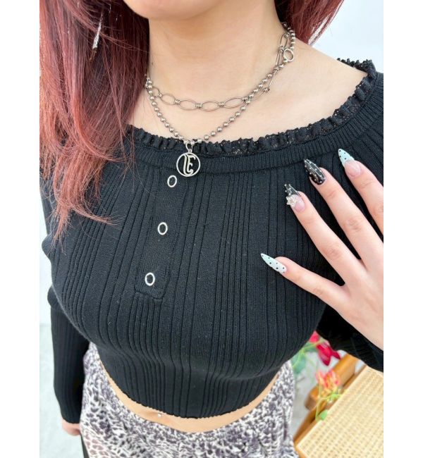 EVRIS「レーストリミングオフショルニットトップス」|ニット・セーター|