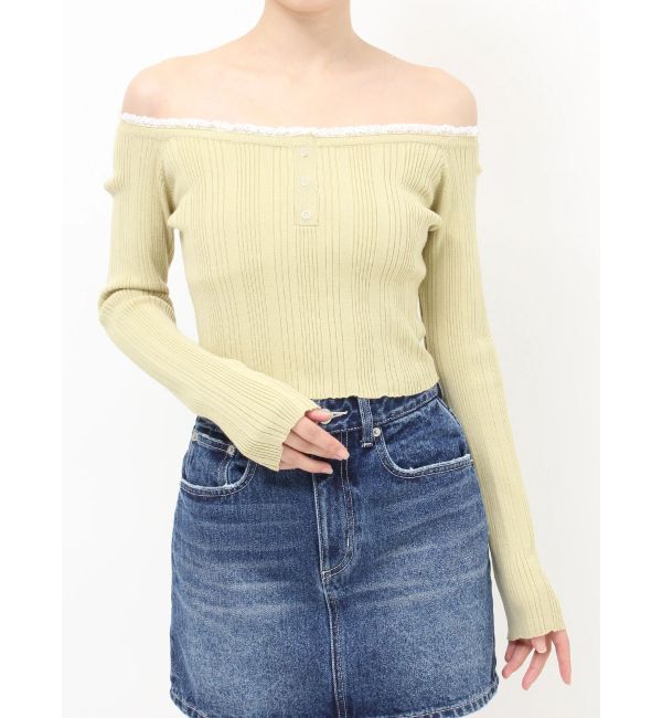 EVRIS「レーストリミングオフショルニットトップス」|ニット・セーター|イエロー