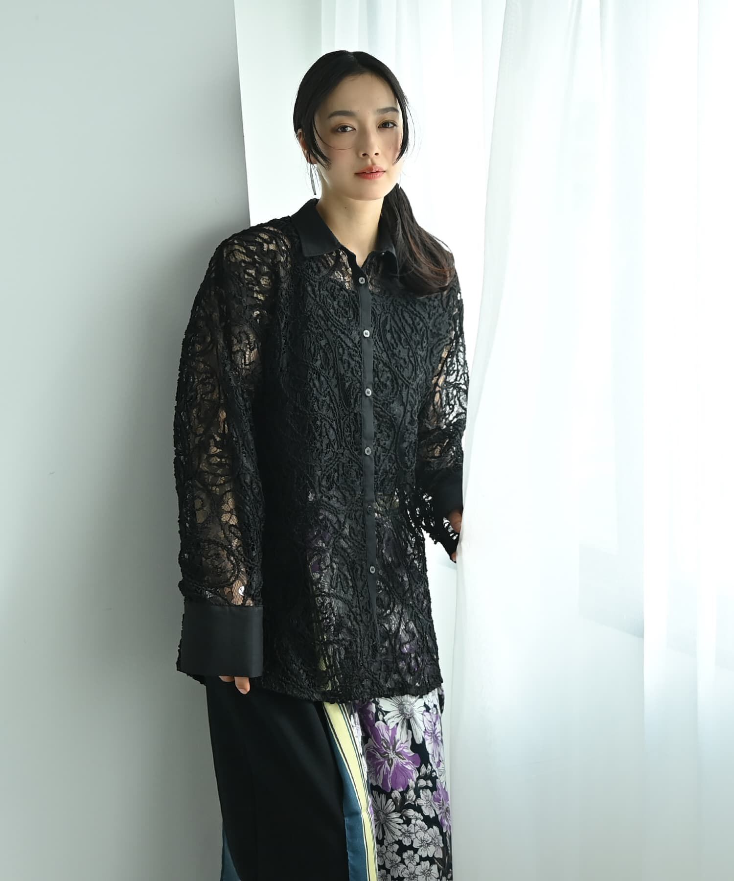 STYLE DELI「【BLK001】刺繍レースオーバーサイズシャツ」|シャツ・ブラウス|ブラック