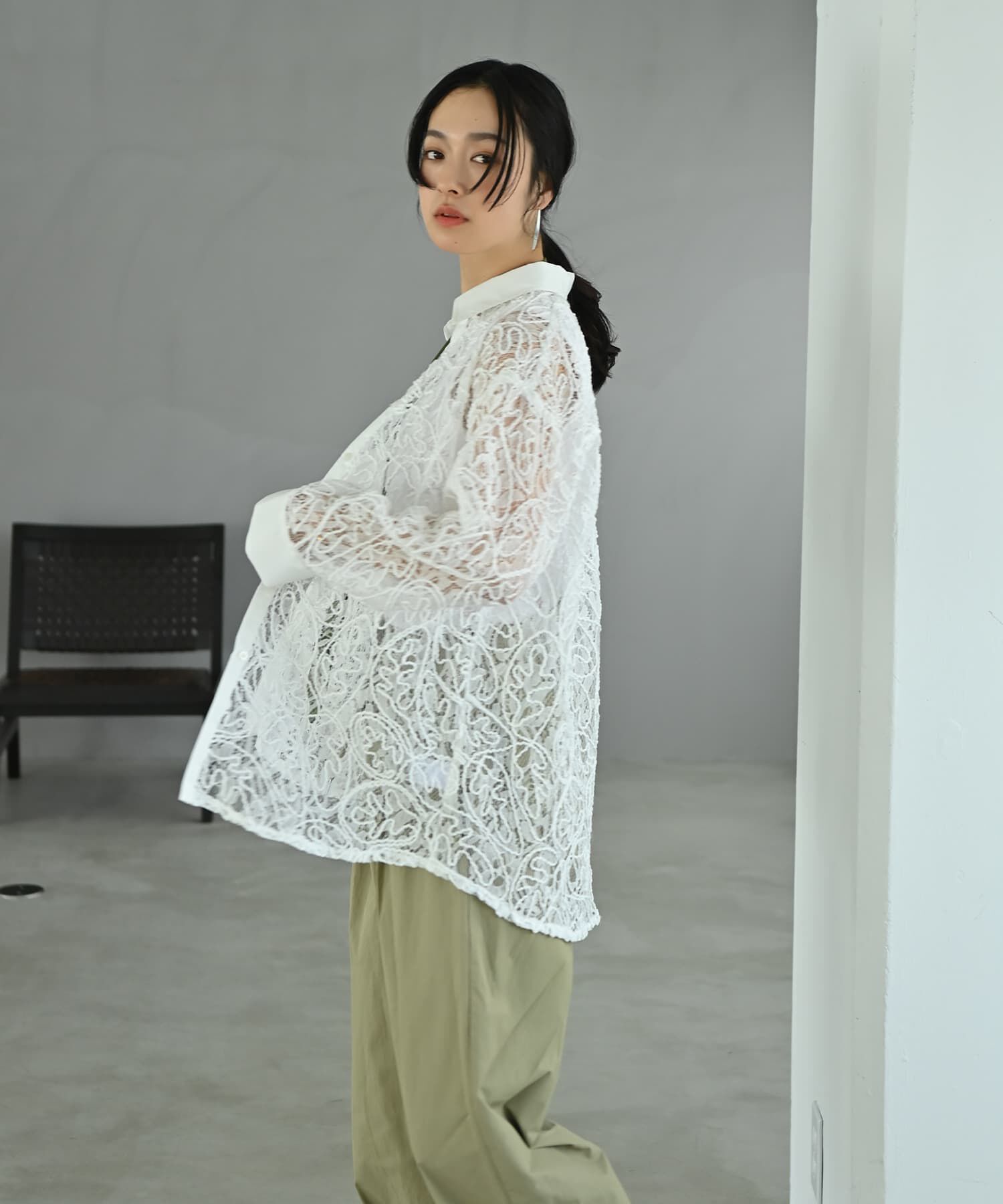 STYLE DELI「【BLK001】刺繍レースオーバーサイズシャツ」|シャツ・ブラウス|