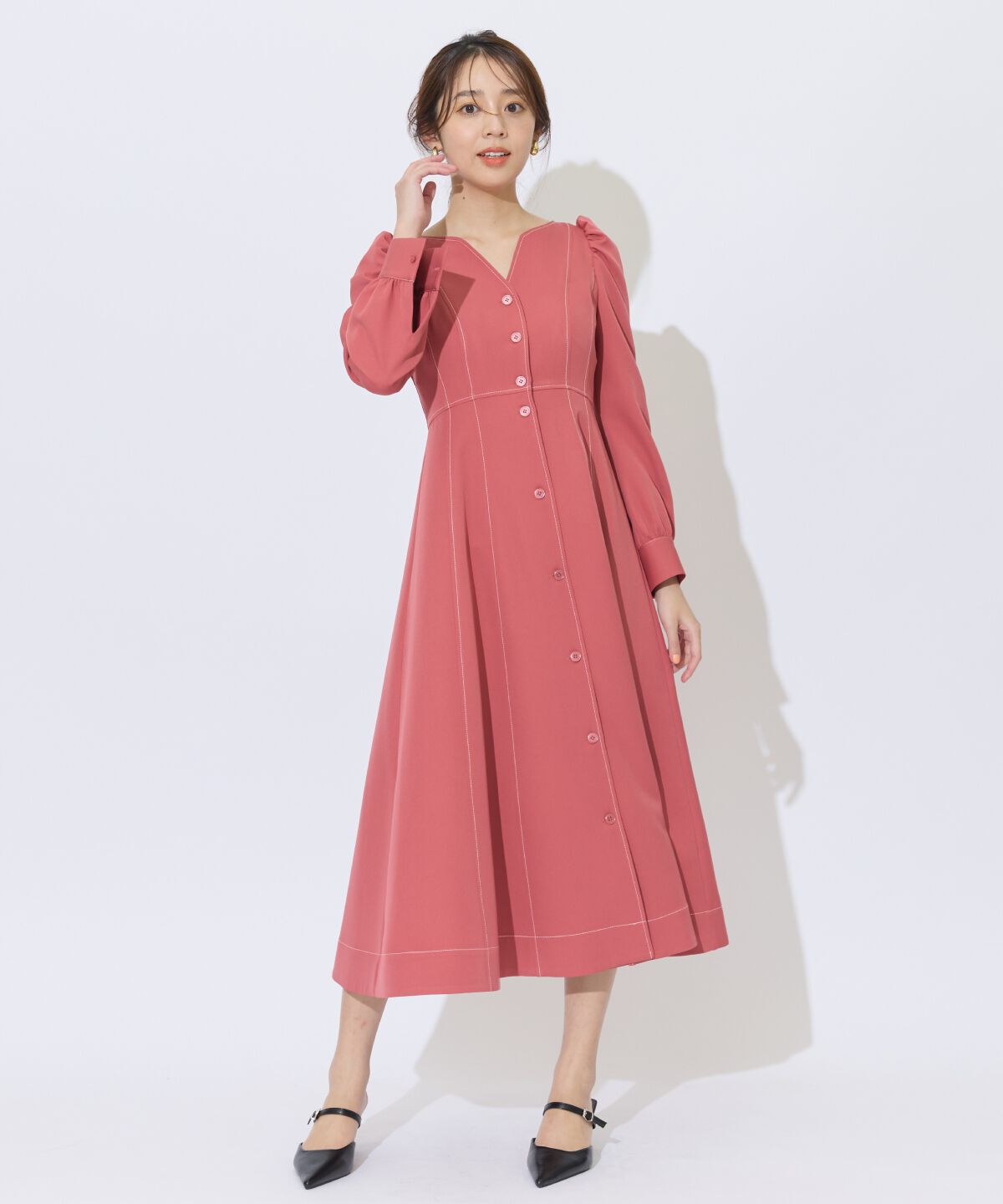 アンドクチュール「デコルテあき配色ステッチワンピース」|ワンピース|ピンク