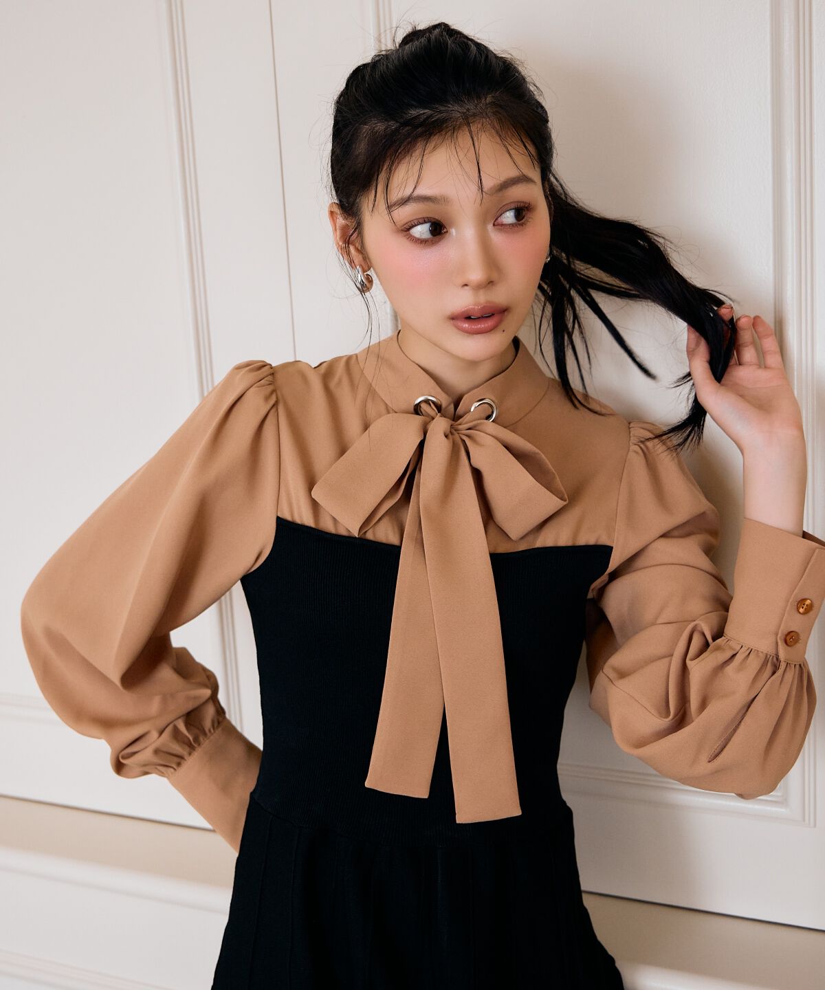 アンドクチュール「ボウタイ&times;ニットドッキングワンピース」|ワンピース|