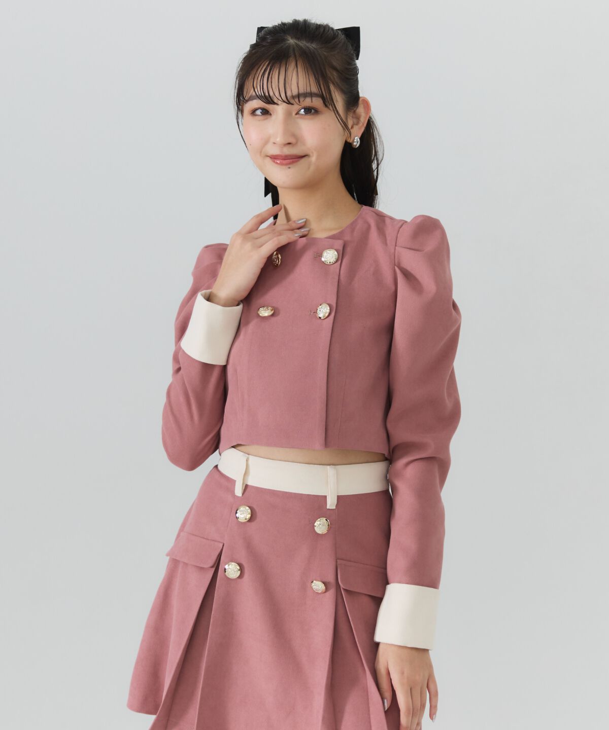 REDYAZEL「ダブルボタンバイカラージャケット」|ノーカラージャケット|ピンク