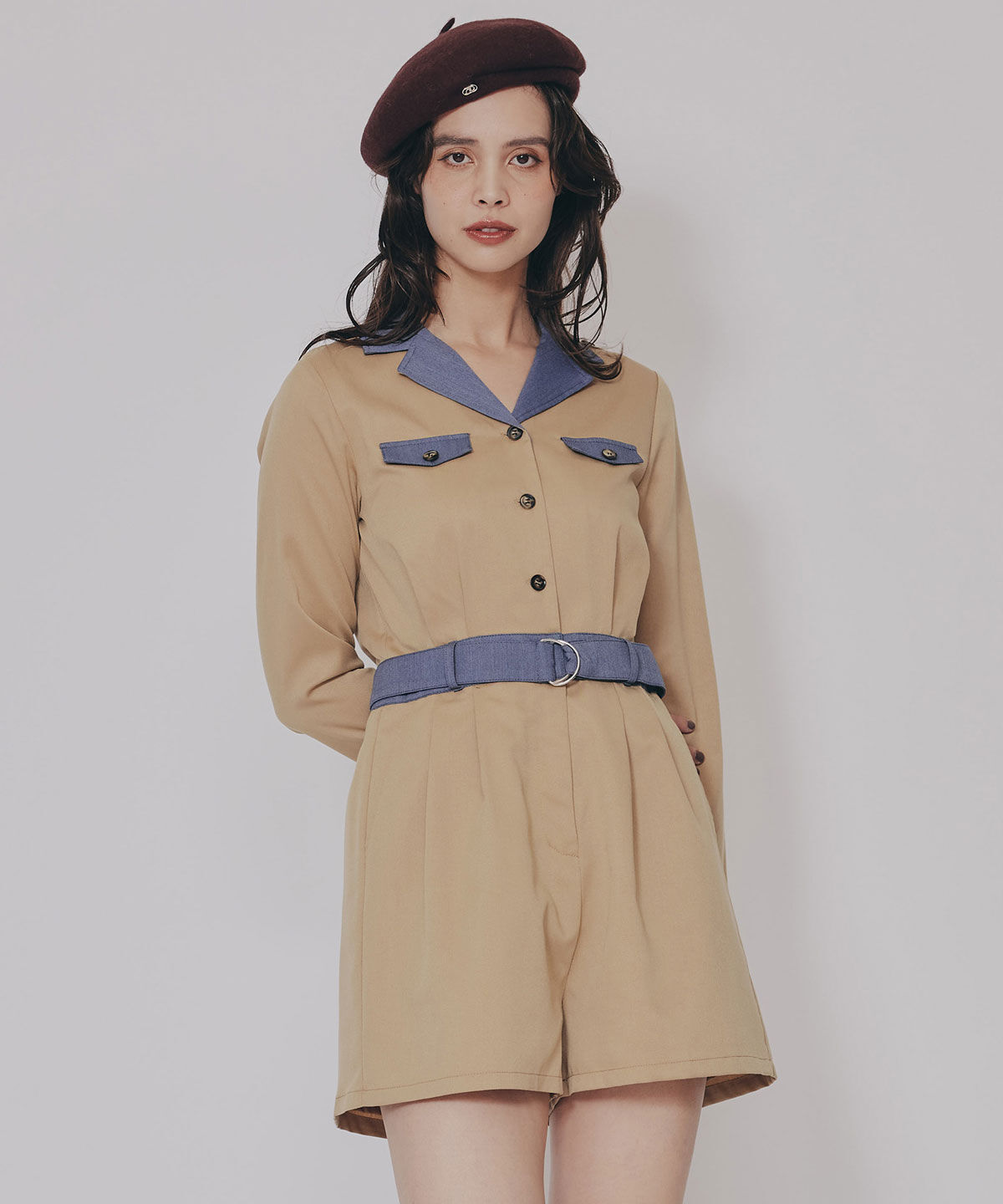 REDYAZEL「バイカラーベルトショートオールインワン」|オールインワン|ベージュ