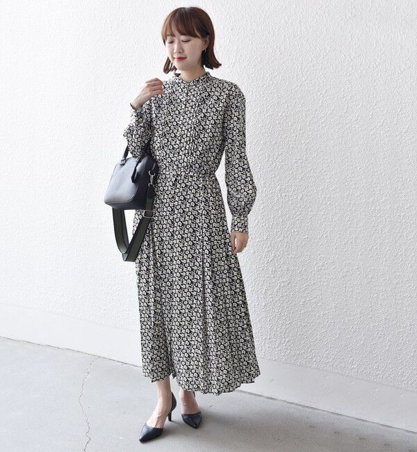 SHIPS for women「〈手洗い可能〉ドット / 花柄 バンドカラー サイド プリーツ ワンピース」|ワンピース|