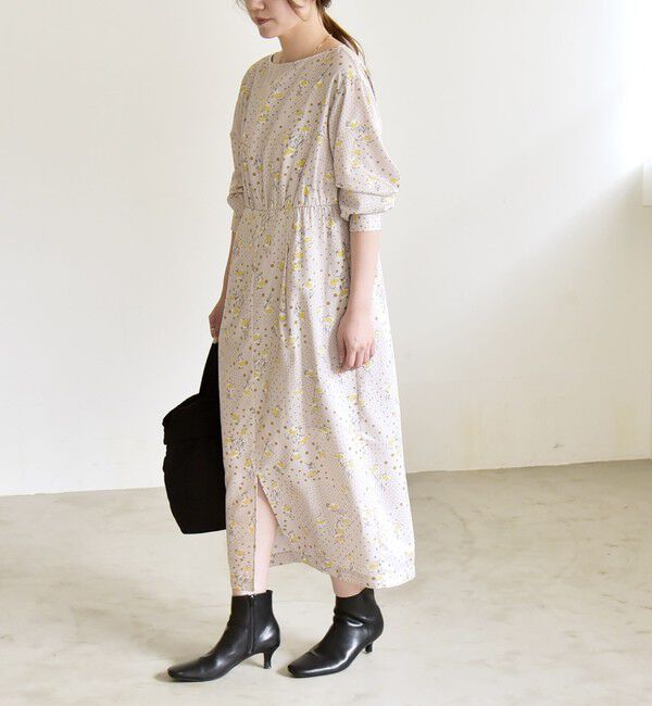 quaranciel「quaranciel: ドット フラワー プリント Iライン ギャザー ワンピース」|ワンピース|