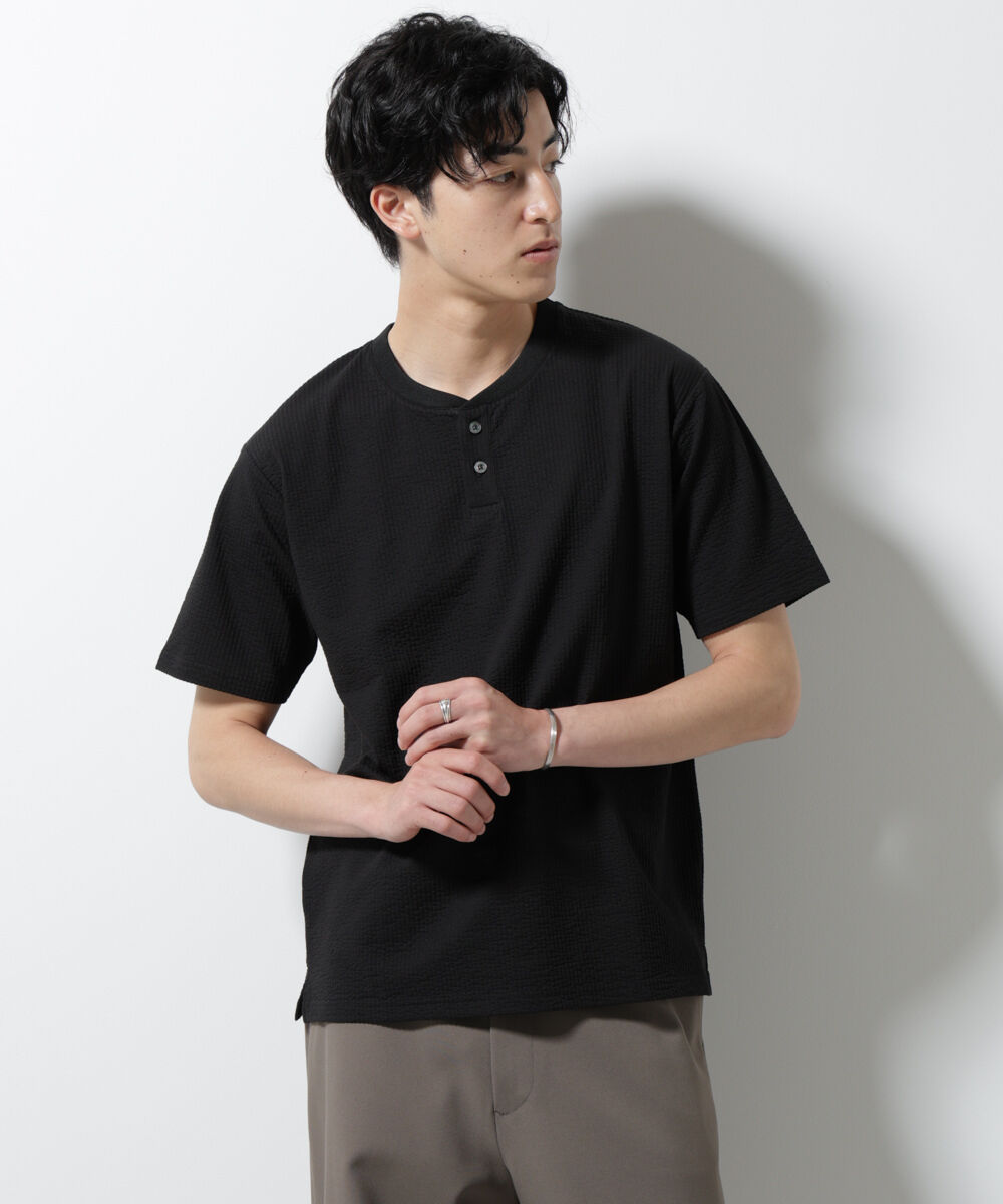 nano･universe「ジャージーサッカーヘンリーネックTシャツ 半袖」|Tシャツ・カットソー|