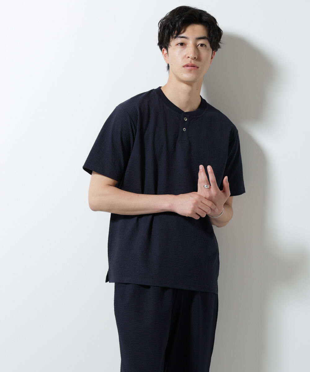 nano･universe「ジャージーサッカーヘンリーネックTシャツ 半袖」|Tシャツ・カットソー|