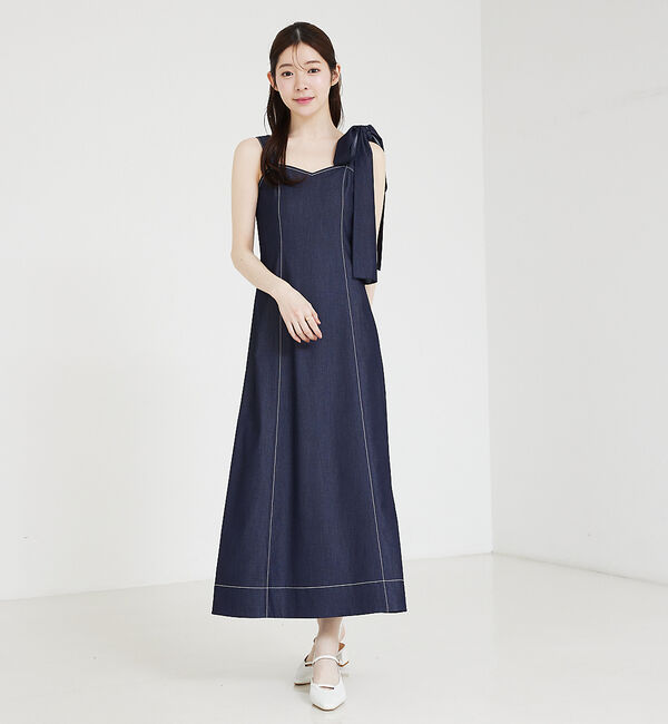 SELFIST「デニムライクリボン付ワンピース」|ワンピース|ネイビー