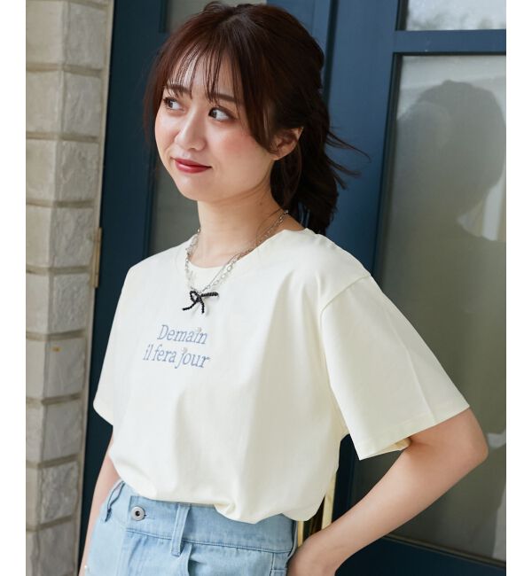  「パール付きクロップドロゴTシャツ」|Tシャツ・カットソー|