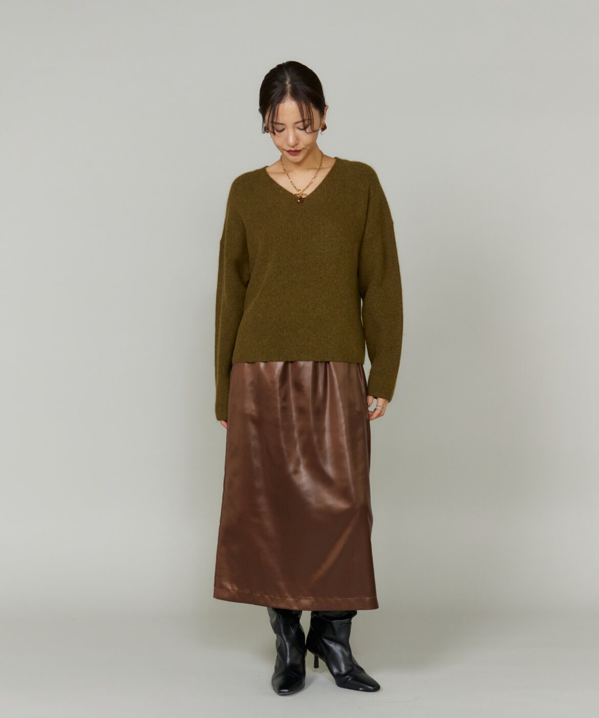 Le Souk「《大きいサイズ》レザーライクギャザーストレートスカート」|台形|