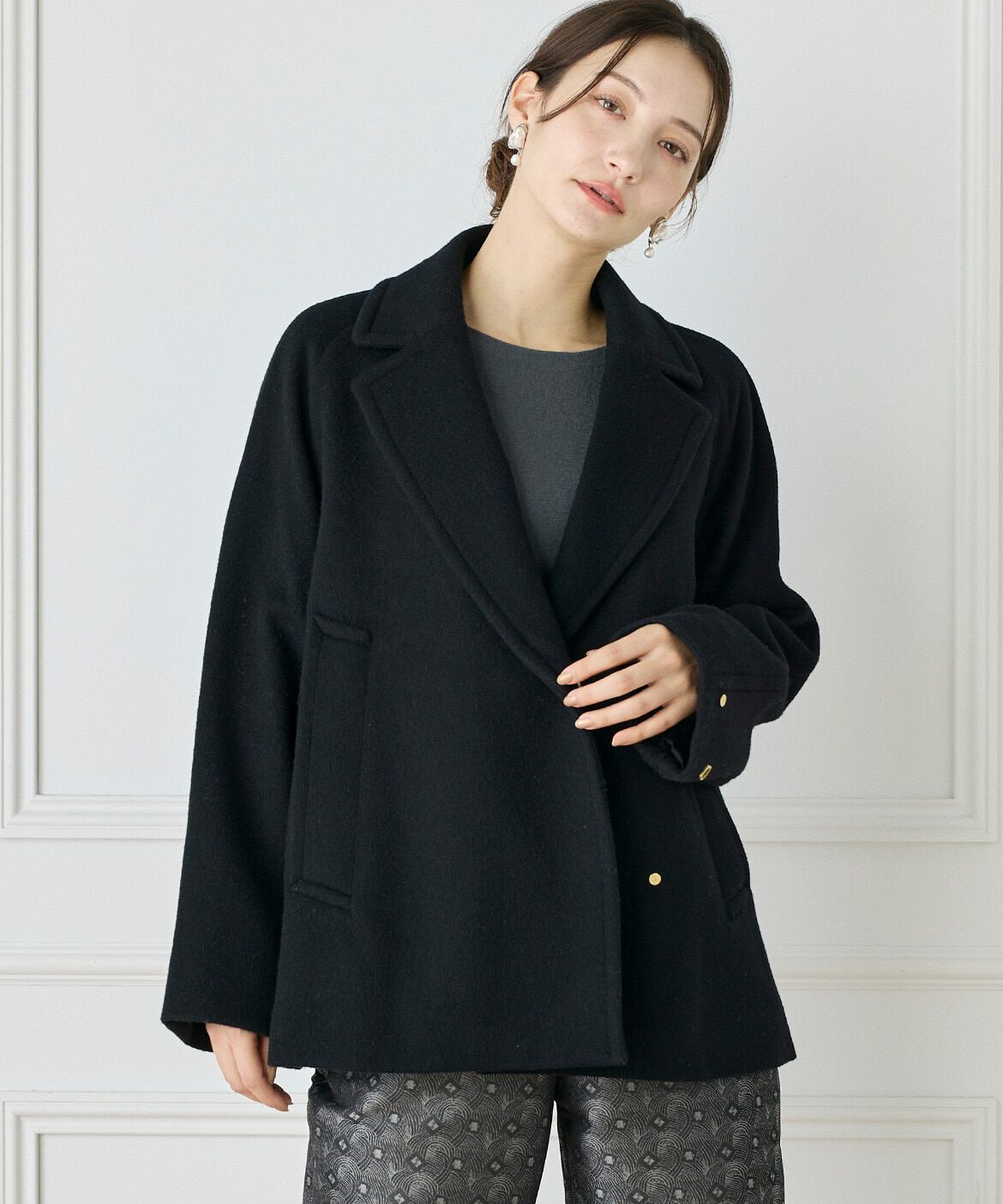 INED「《大きいサイズ》Pコート」|ピーコート|ブラック