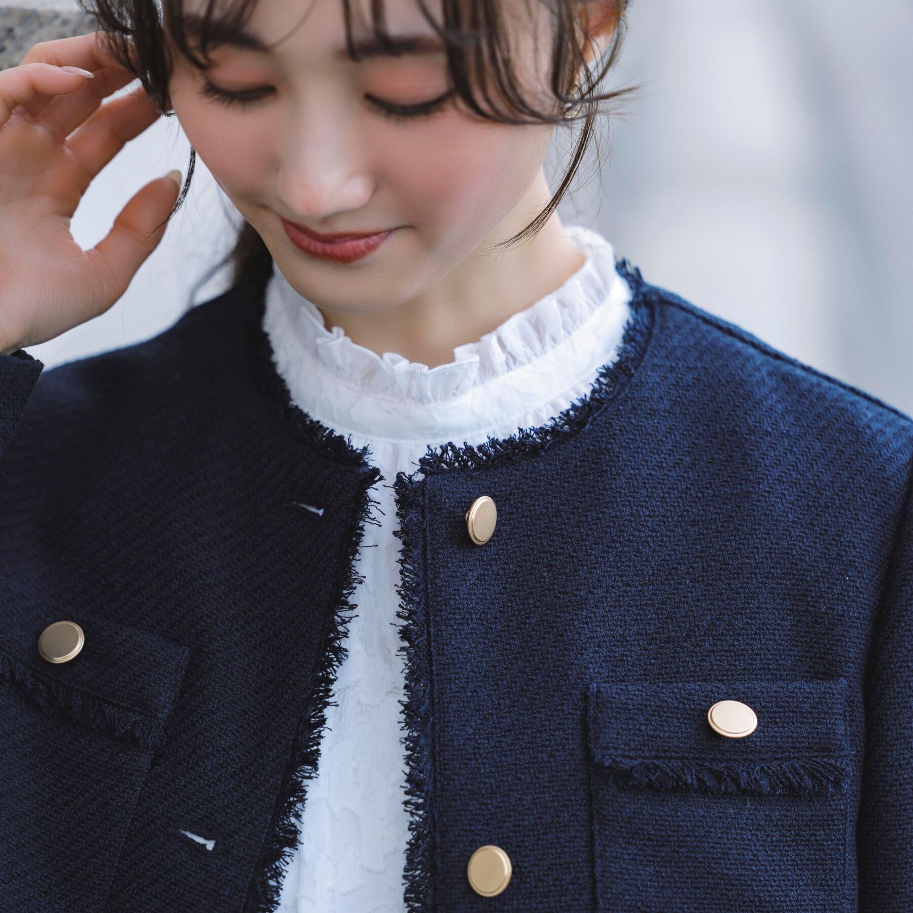 grove「【ハレの日・通勤】きちんとからカジュアルまで着回せる、ミドル丈ツイードジャケット」|ノーカラージャケット|