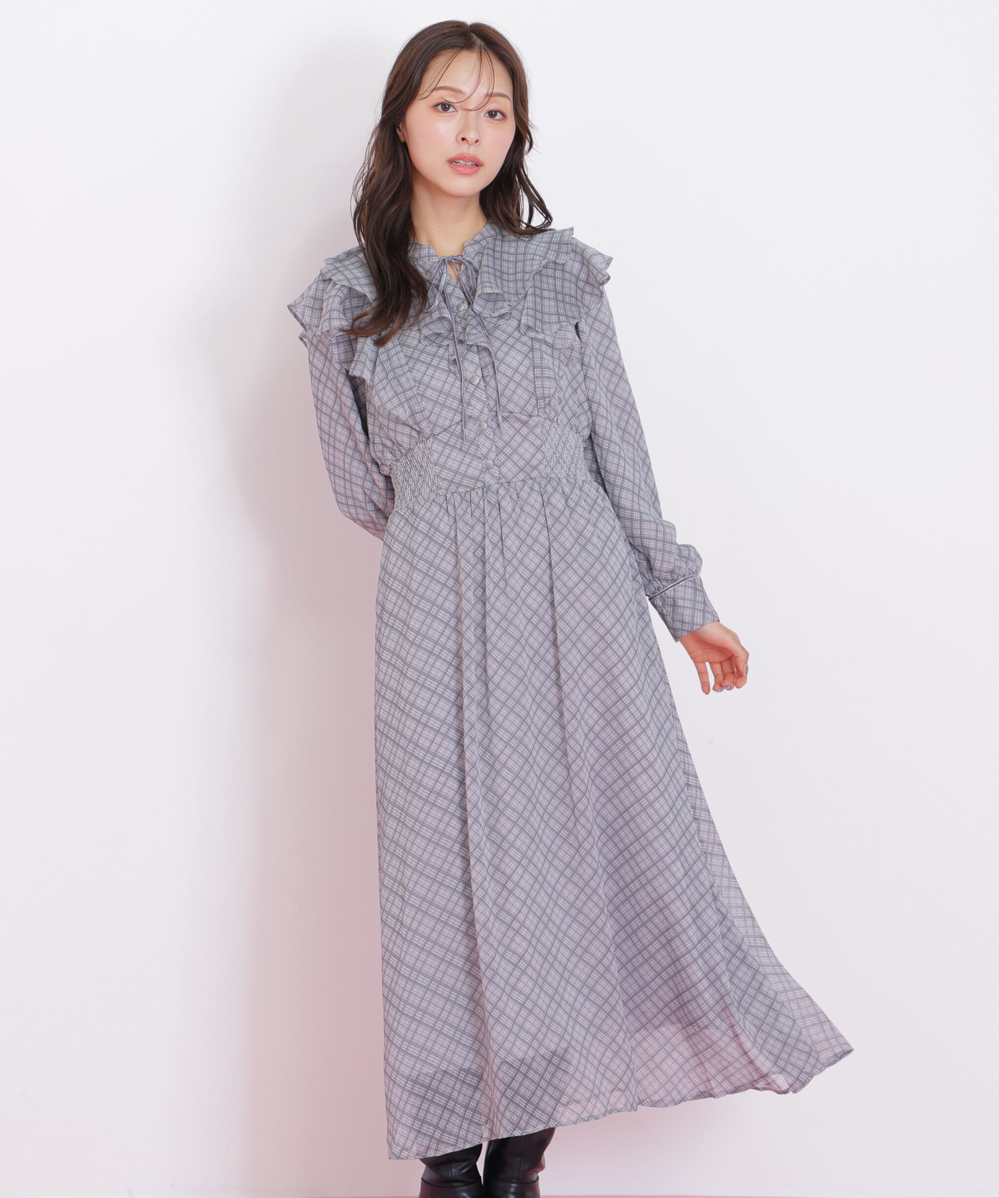  「ベロア配色チェックラッフルワンピース」|ワンピース|グレー1