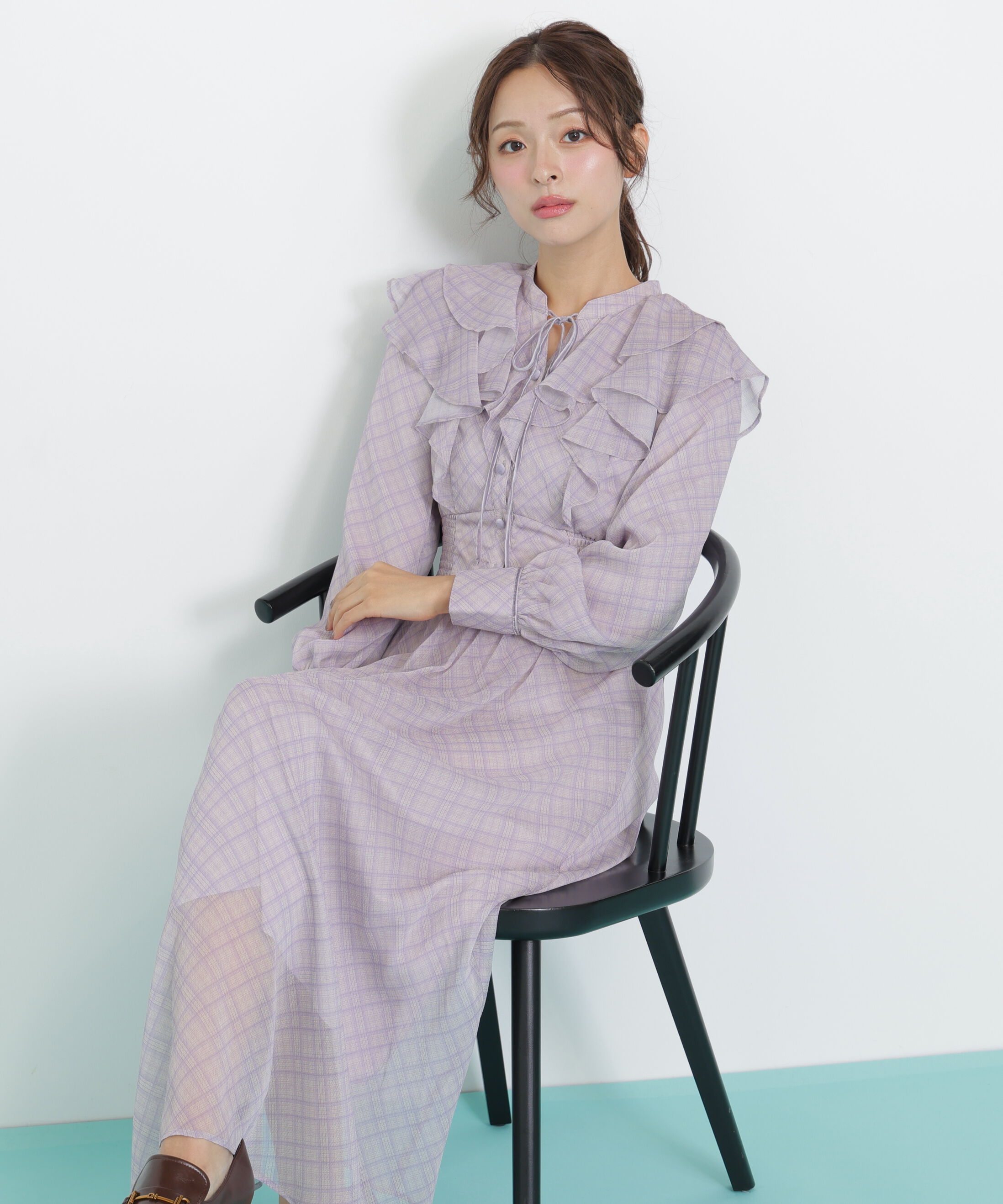  「ベロア配色チェックラッフルワンピース」|ワンピース|ラベンダー1