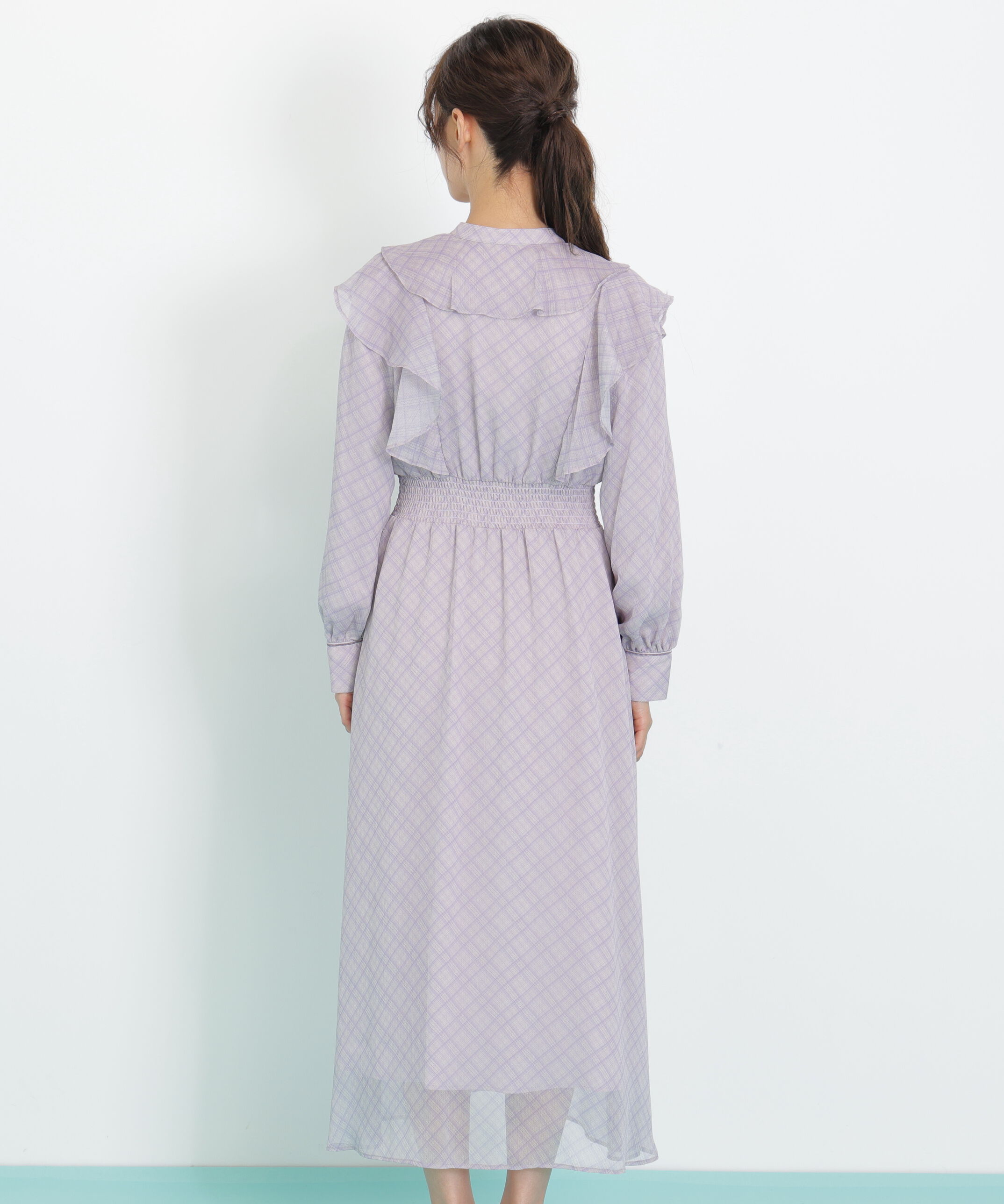  「ベロア配色チェックラッフルワンピース」|ワンピース|